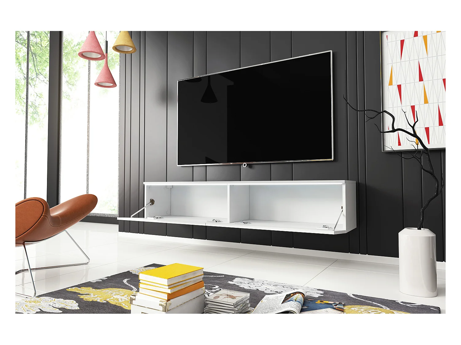 Moderne TV-meubel 140 cm voor woonkamer – 2-deurs, greeploos, romp wit mat / fronten wit hoogglans, staand of hangend