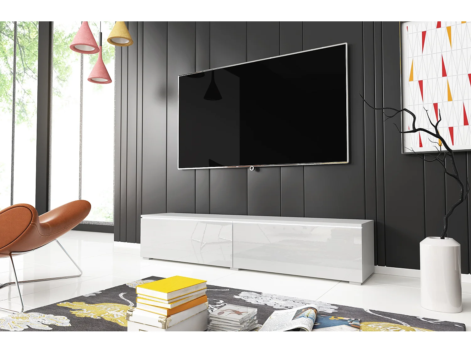 Meuble TV moderne 140 cm pour salon – 2 portes sans poignées, corps blanc mat / façades blanc brillant, posé ou suspendu