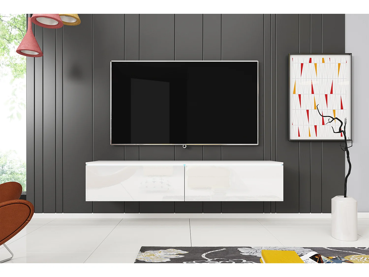 Meuble TV moderne 140 cm pour salon – 2 portes sans poignées, corps blanc mat / façades blanc brillant, posé ou suspendu