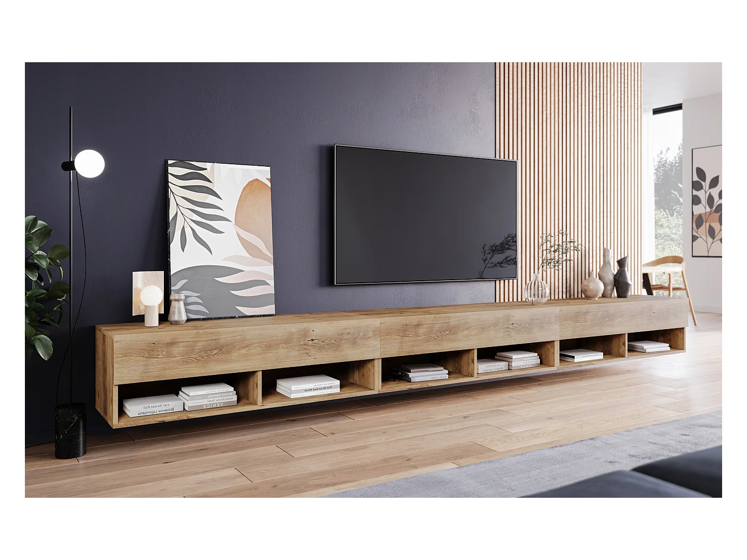 Meuble TV moderne 300 cm – sans poignées, coloris châtaignier, mat, posé ou suspendu