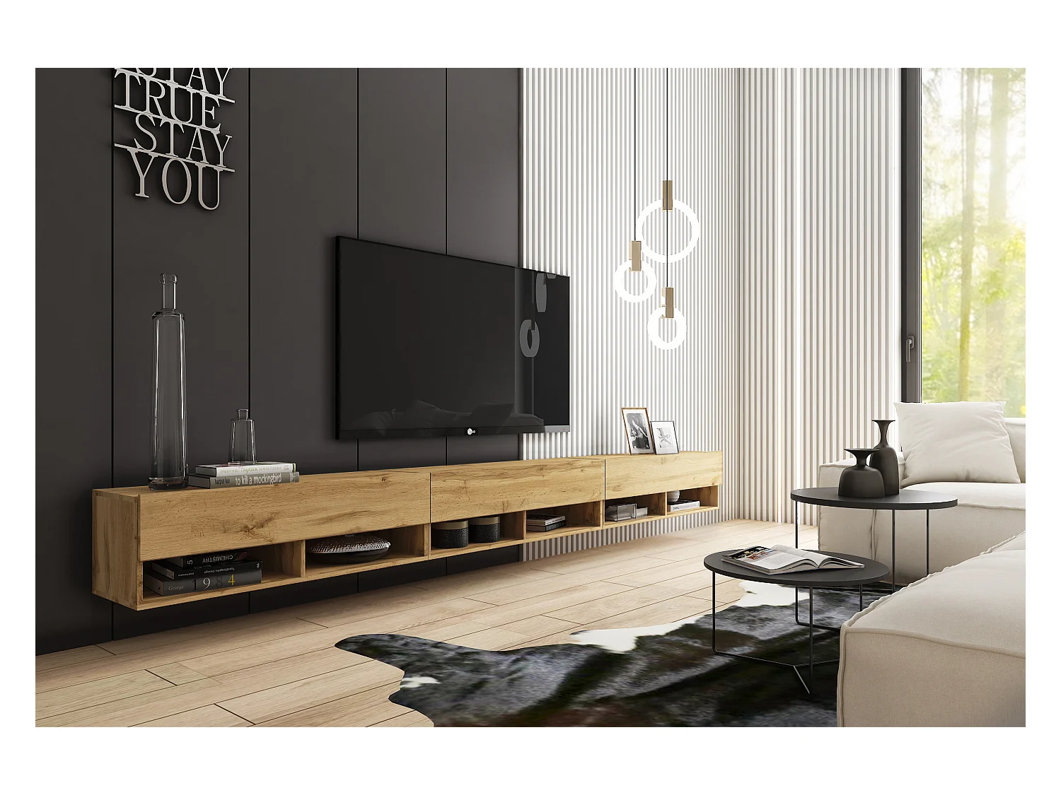 Meuble TV moderne 300 cm – sans poignées, coloris chêne Wotan, mat, posé ou suspendu