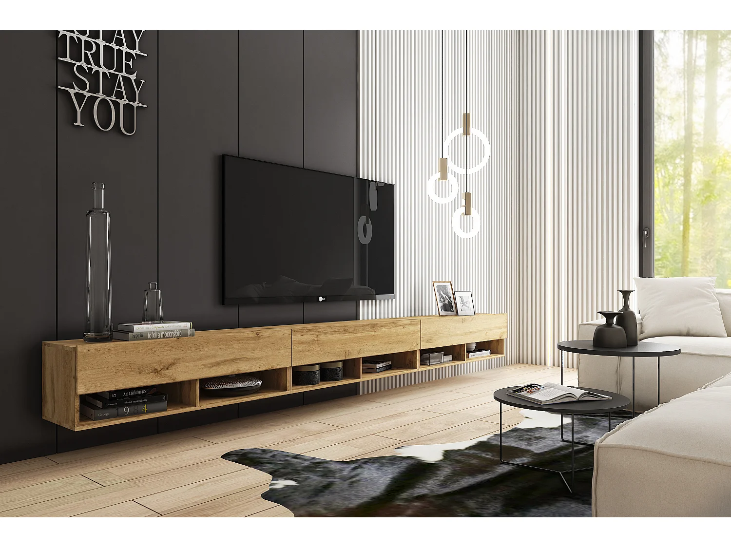 Meuble TV moderne 300 cm – sans poignées, coloris chêne Wotan, mat, posé ou suspendu