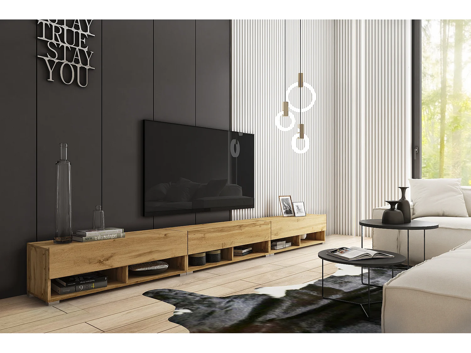 Meuble TV moderne 300 cm – sans poignées, coloris chêne Wotan, mat, posé ou suspendu