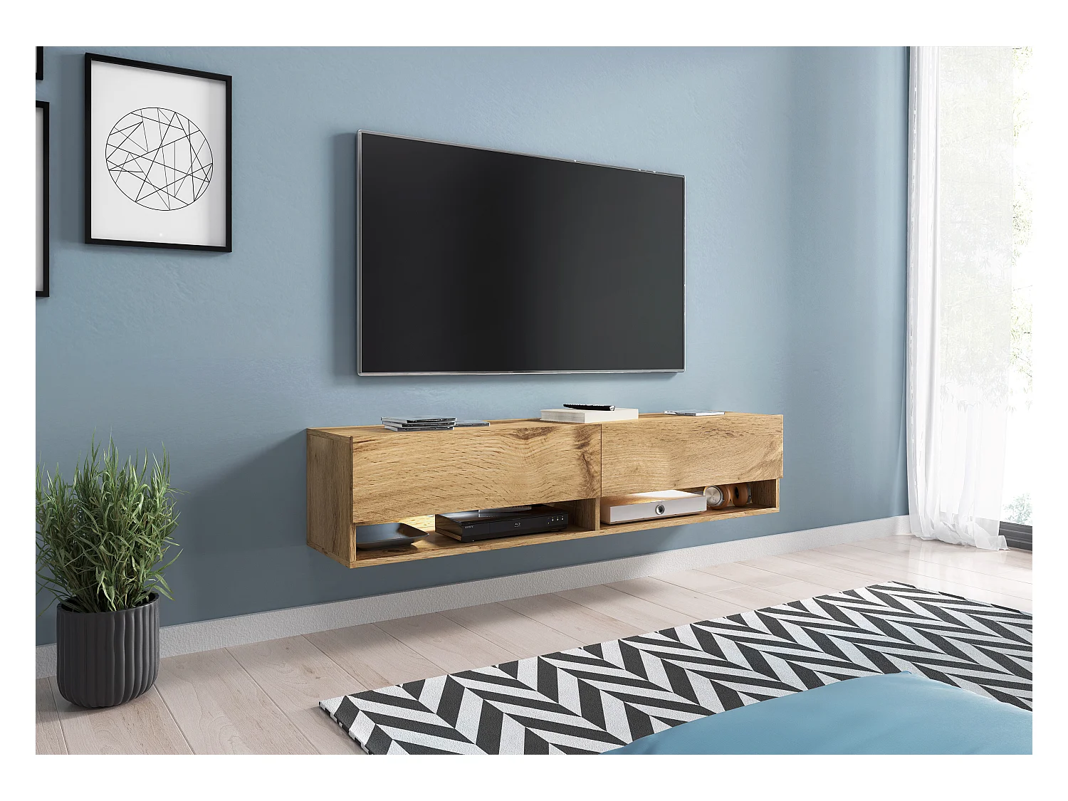 Móvel de TV moderno 140 cm – sem puxadores, de chão ou suspenso, 1 porta basculante, 2 nichos, cor carvalho wotan mate