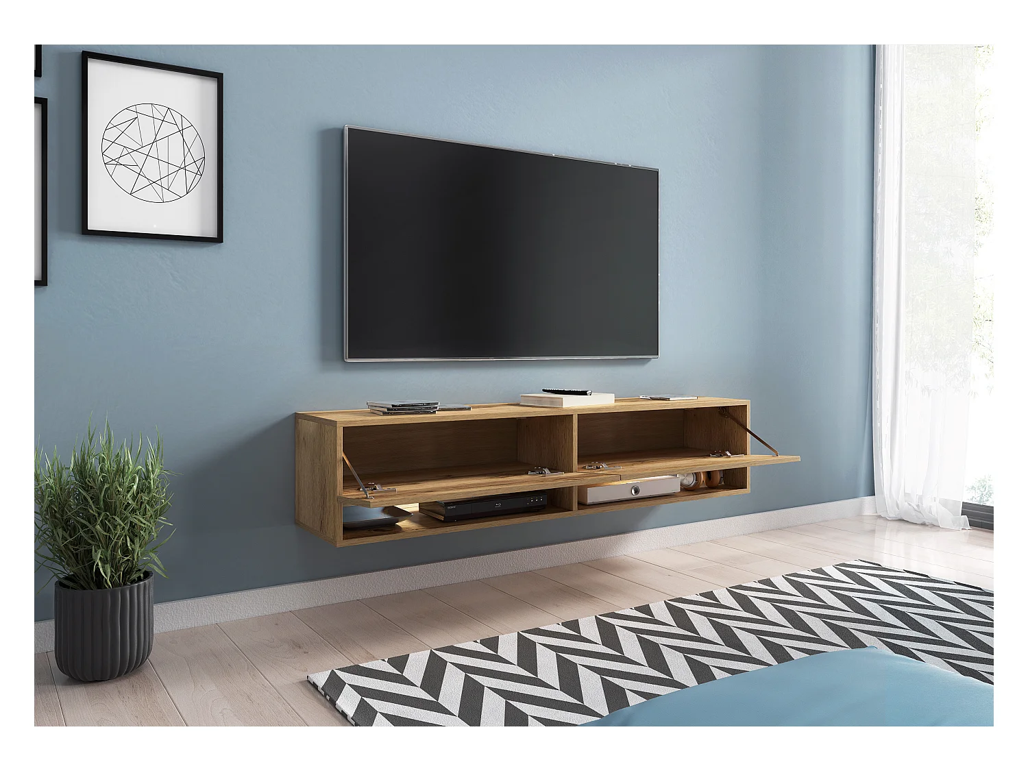 Móvel de TV moderno 140 cm – sem puxadores, de chão ou suspenso, 1 porta basculante, 2 nichos, cor carvalho wotan mate