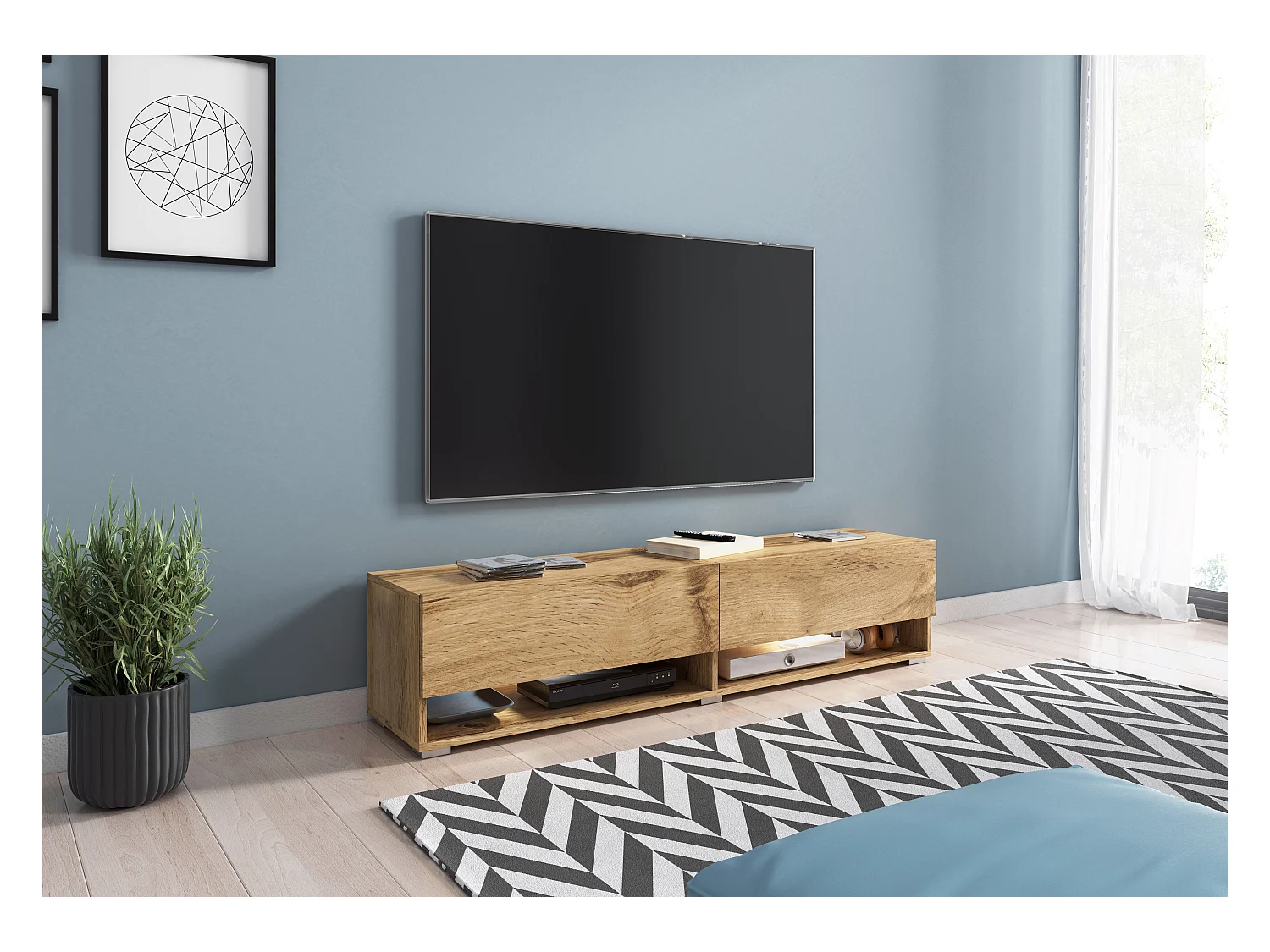 Mueble de TV moderno 140 cm – sin tiradores, de pie o colgante, 1 puerta abatible, 2 huecos, color roble wotan mate