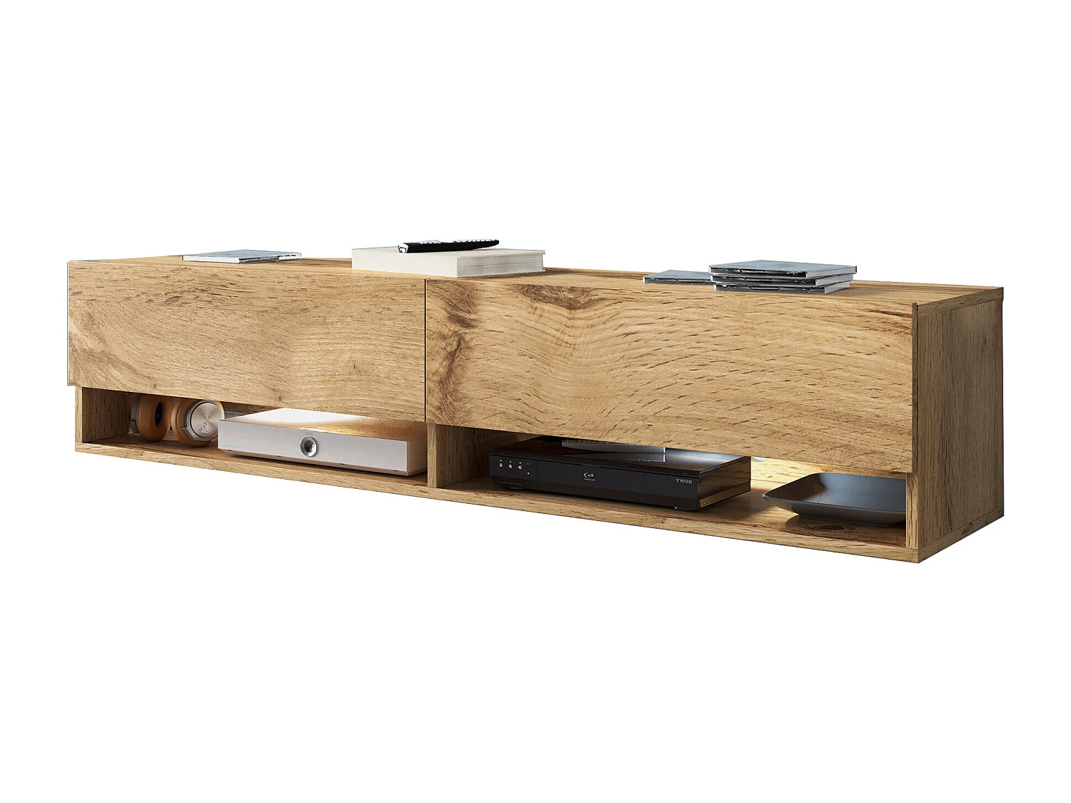 Meuble TV moderne 140 cm – sans poignées, posé ou suspendu, 1 abattant, 2 niches, couleur chêne wotan mat