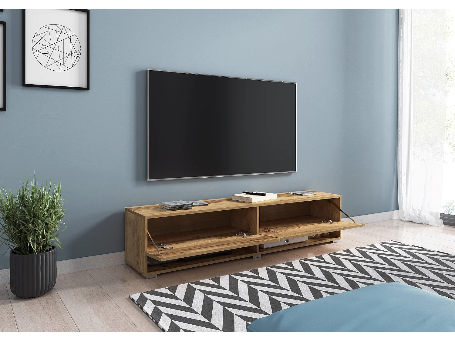 Meuble TV moderne 140 cm – sans poignées, posé ou suspendu, 1 abattant, 2 niches, couleur chêne wotan mat