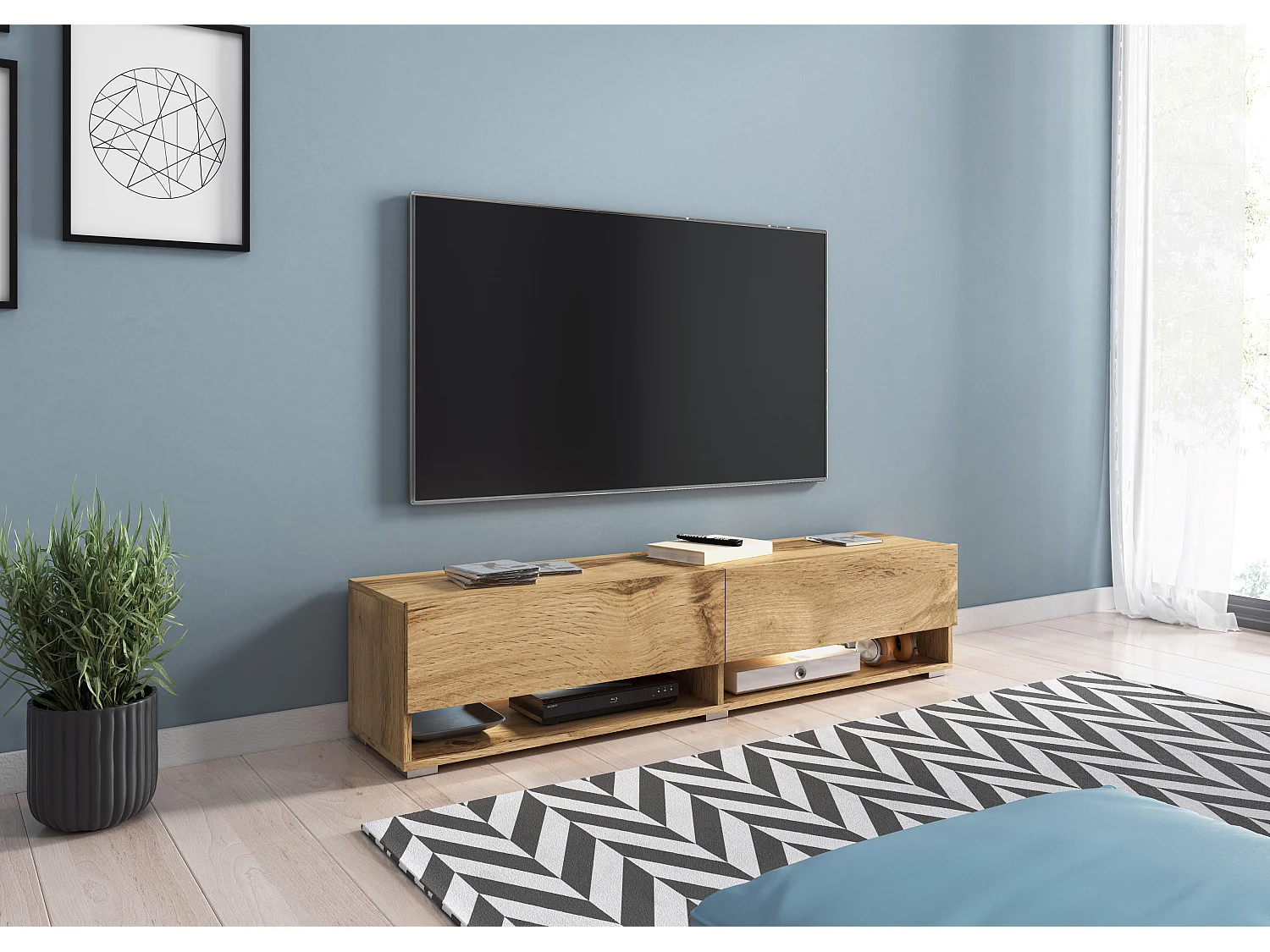 Moderner 140 cm TV-Ständer - Grifffrei, Wandmontierbar, 1 Klappe, 2 Fächer, Eiche Wotan Farbe