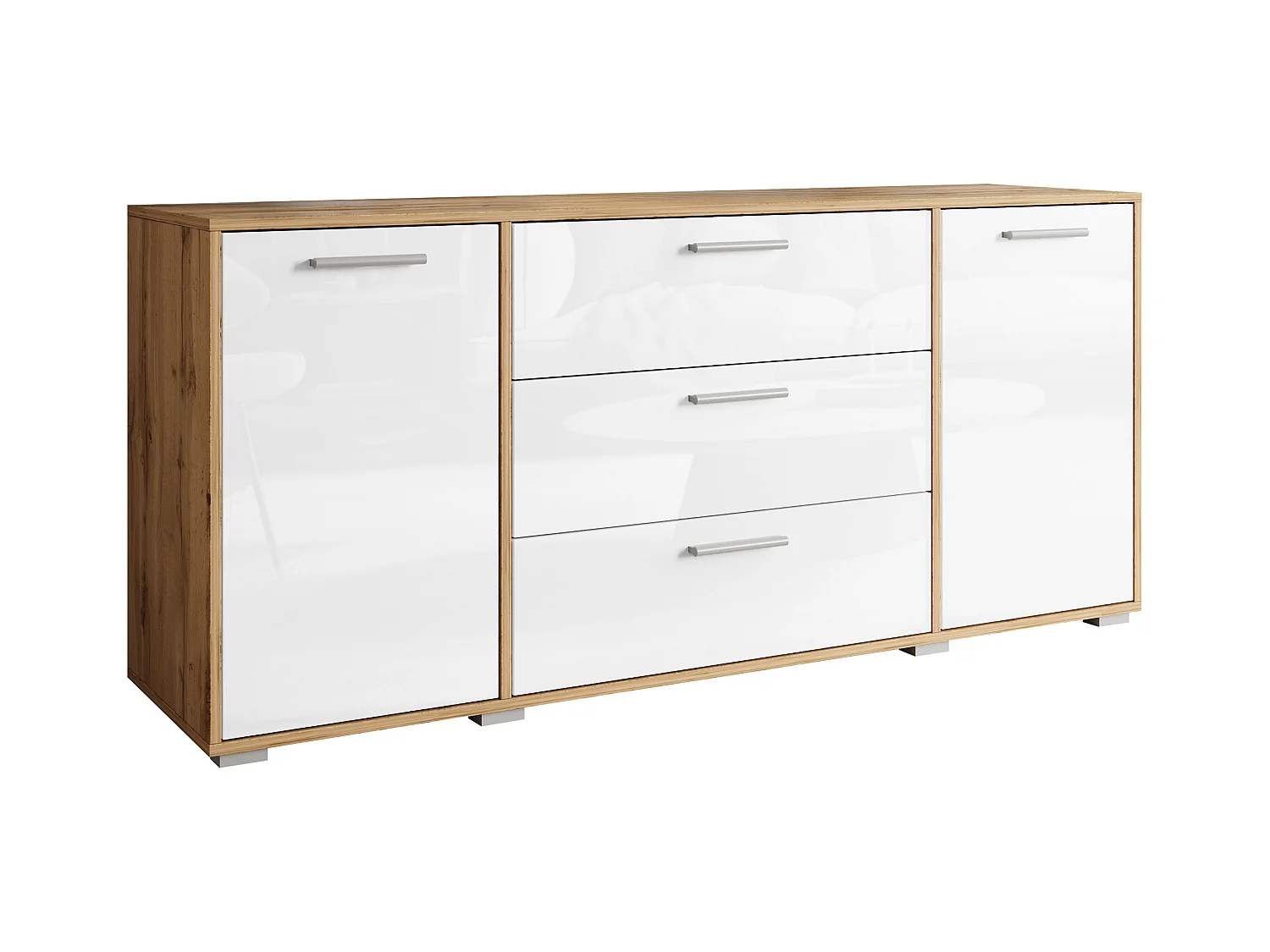 Aparador moderno 150 cm para sala – 3 gavetas e 2 portas, corpo carvalho wotan mate, frentes branco brilho