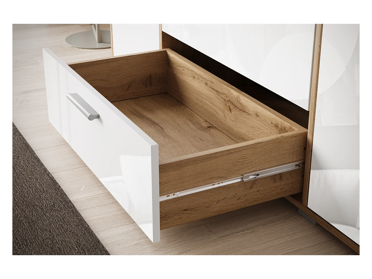 Aparador moderno 150 cm para sala – 3 gavetas e 2 portas, corpo carvalho wotan mate, frentes branco brilho