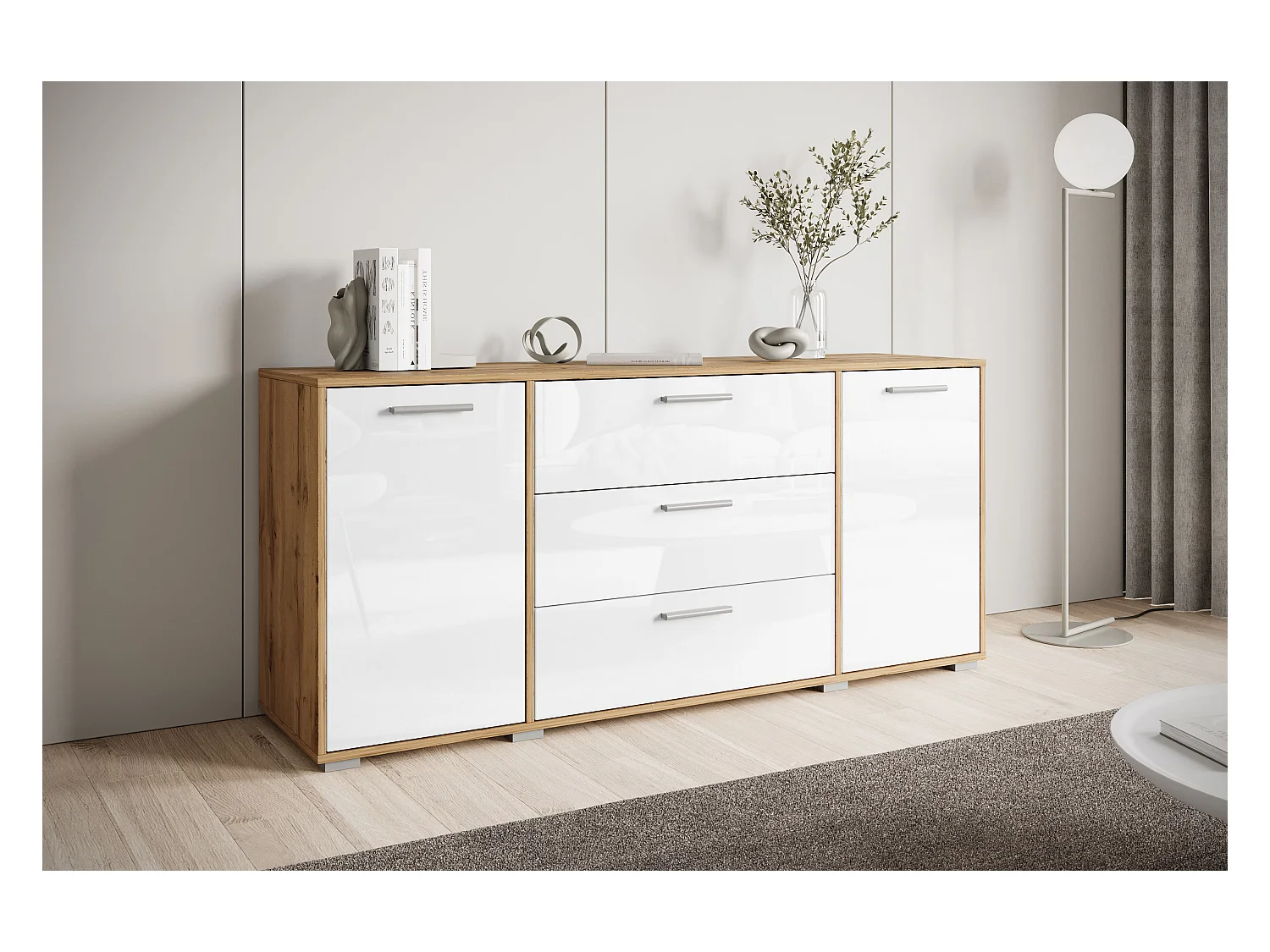 Buffet moderne 150 cm pour salon – 3 tiroirs et 2 portes, corps chêne wotan mat, façades blanc brillant