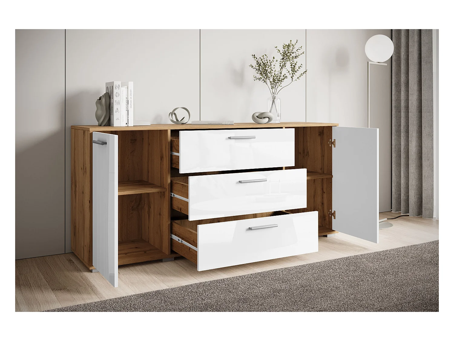Moderne dressoir 150 cm voor de woonkamer – 3 lades en 2 deuren, corpus wotan eiken mat, fronten wit hoogglans