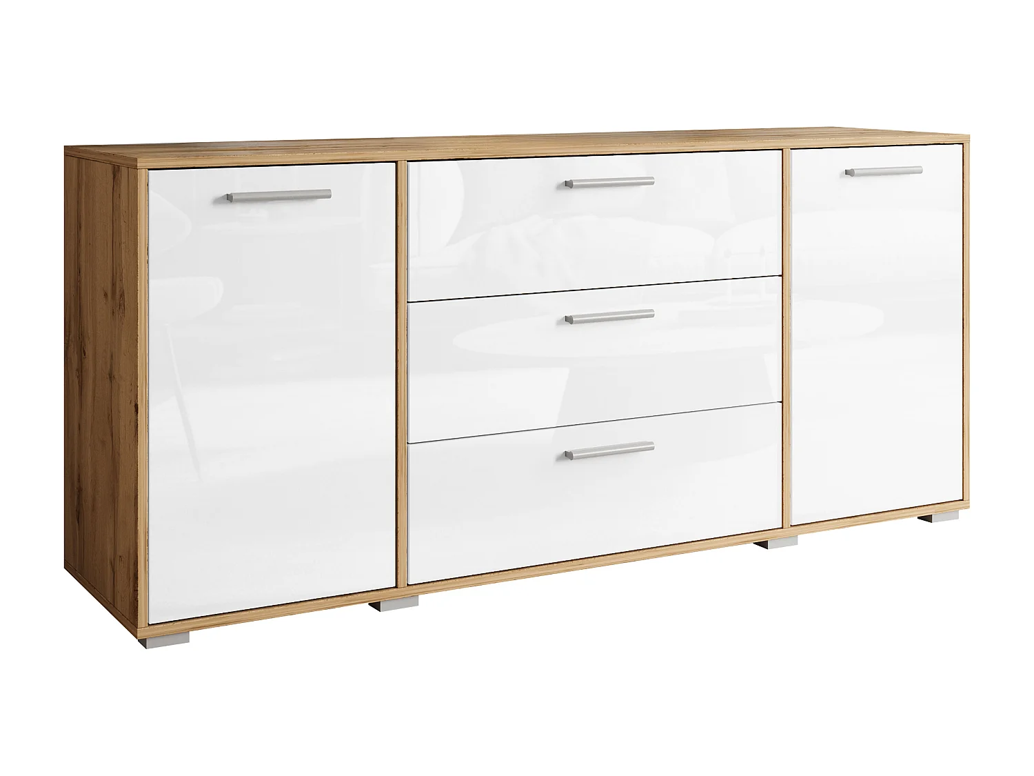 Buffet moderne 150 cm pour salon – 3 tiroirs et 2 portes, corps chêne wotan mat, façades blanc brillant
