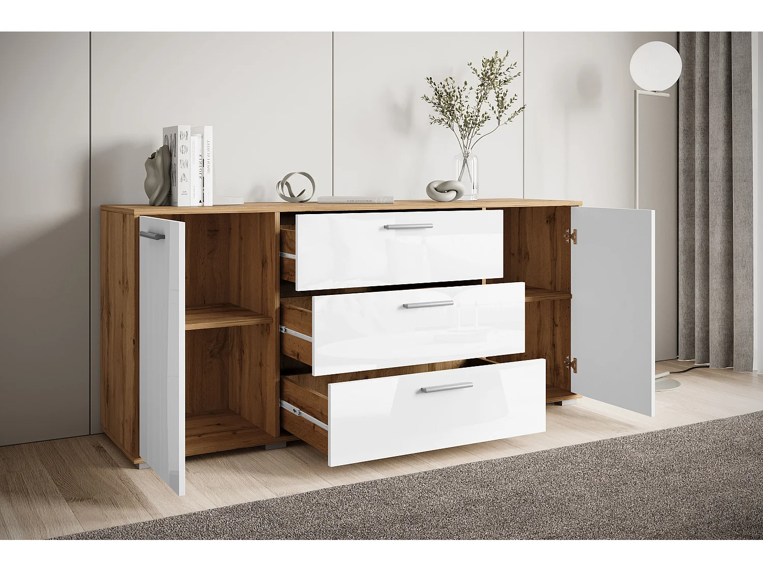 Buffet moderne 150 cm pour salon – 3 tiroirs et 2 portes, corps chêne wotan mat, façades blanc brillant