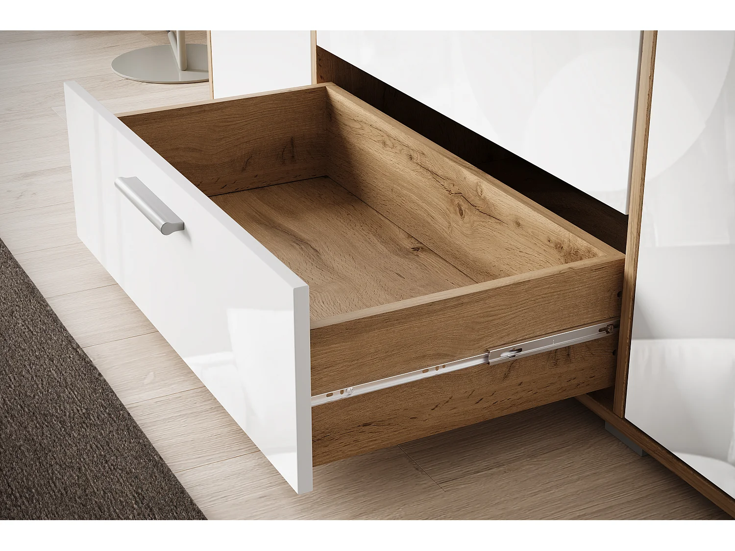 Buffet moderne 150 cm pour salon – 3 tiroirs et 2 portes, corps chêne wotan mat, façades blanc brillant