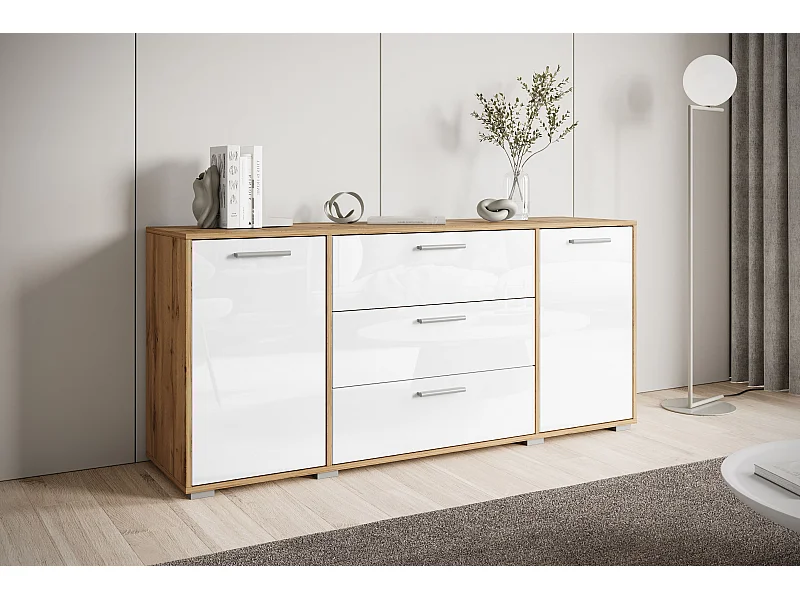 Buffet moderne 150 cm pour salon – 3 tiroirs et 2 portes, corps chêne wotan mat, façades blanc brillant