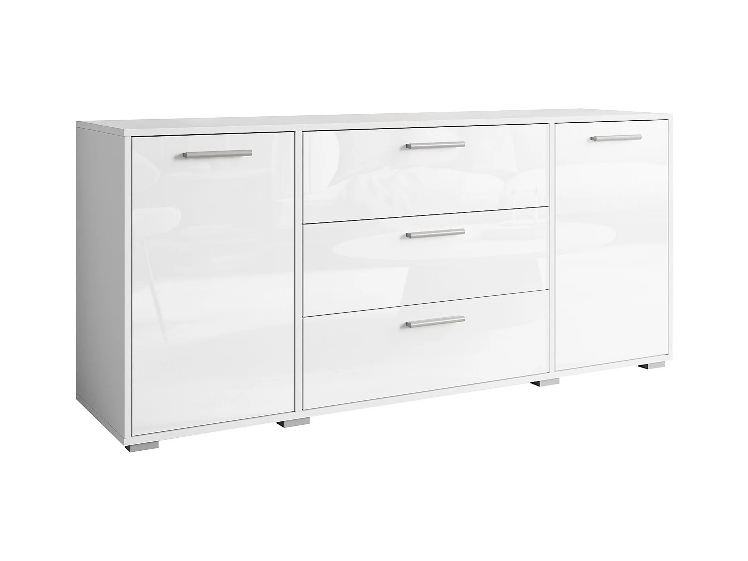 Moderne dressoir 150 cm voor de woonkamer – 3 lades en 2 deuren, corpus wit mat, fronten wit hoogglans