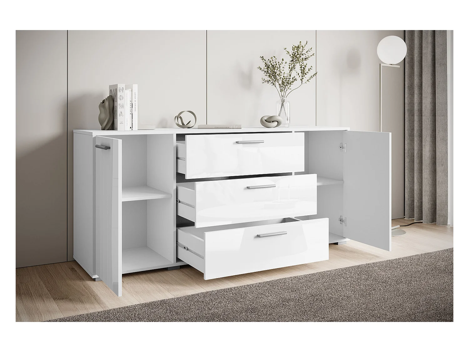 Moderne dressoir 150 cm voor de woonkamer – 3 lades en 2 deuren, corpus wit mat, fronten wit hoogglans