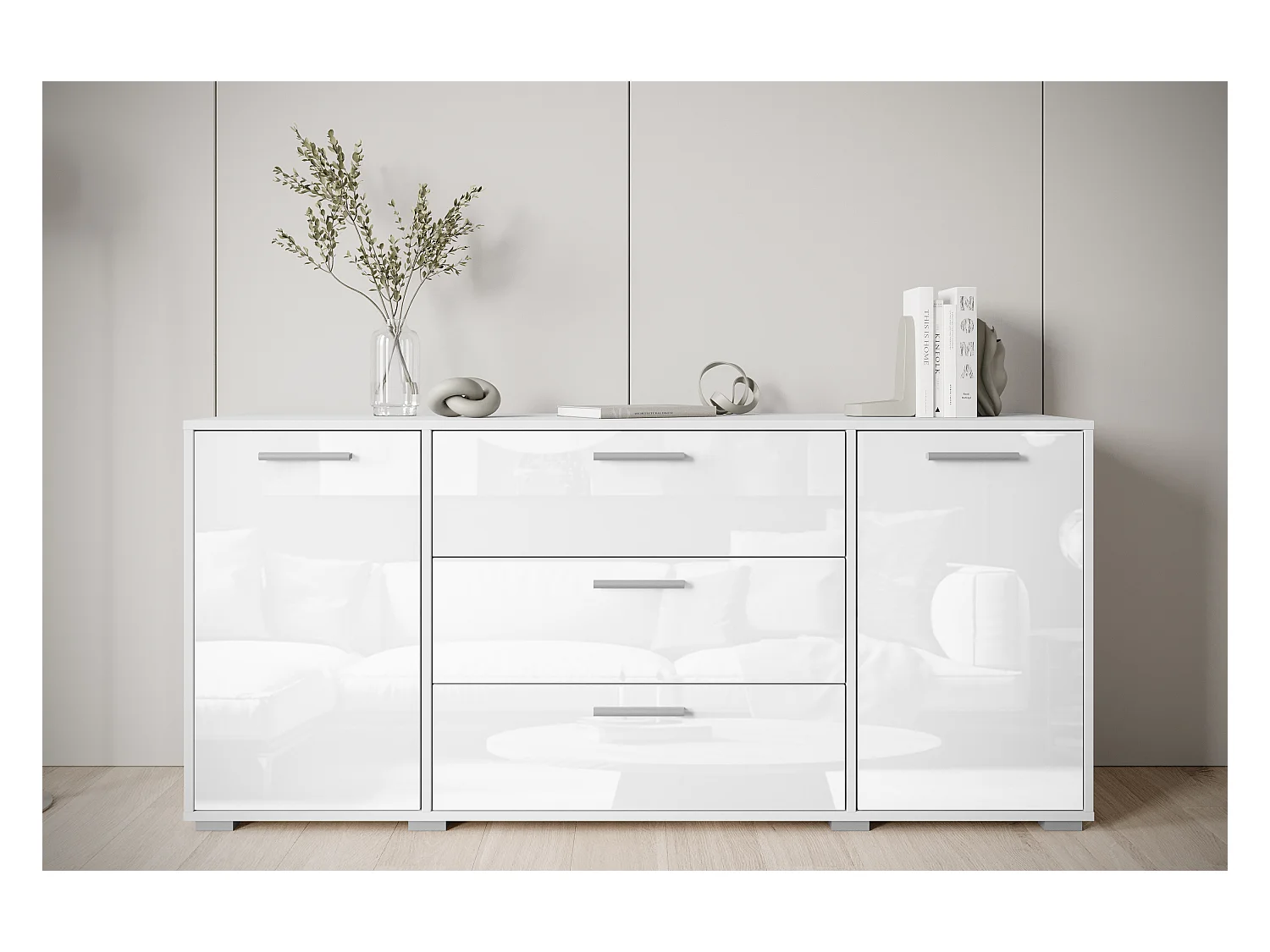 Moderne dressoir 150 cm voor de woonkamer – 3 lades en 2 deuren, corpus wit mat, fronten wit hoogglans