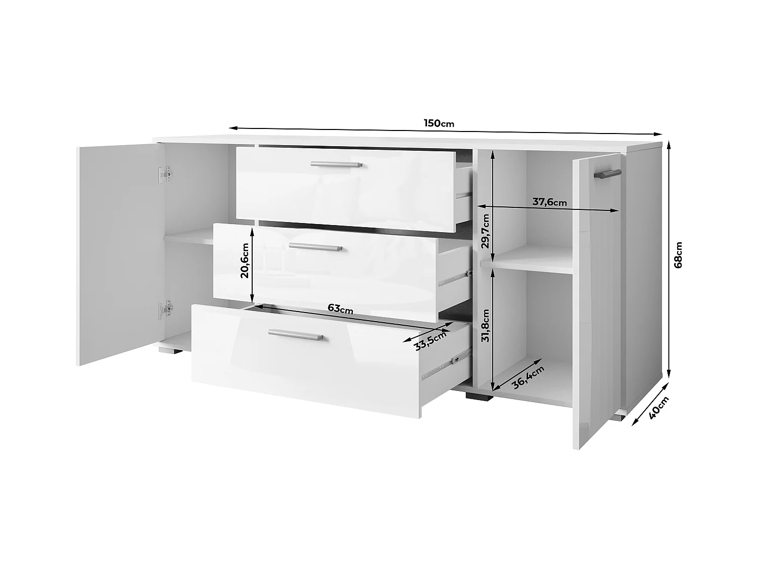Moderne dressoir 150 cm voor de woonkamer – 3 lades en 2 deuren, corpus wit mat, fronten wit hoogglans