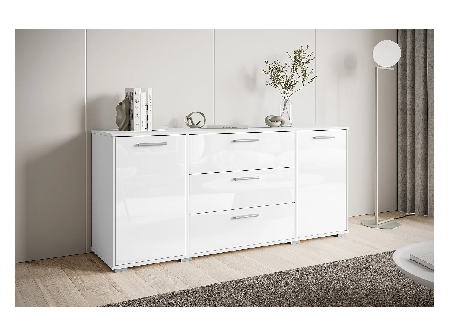 Buffet moderne 150 cm pour salon – 3 tiroirs et 2 portes, corps blanc mat, façades blanc brillant