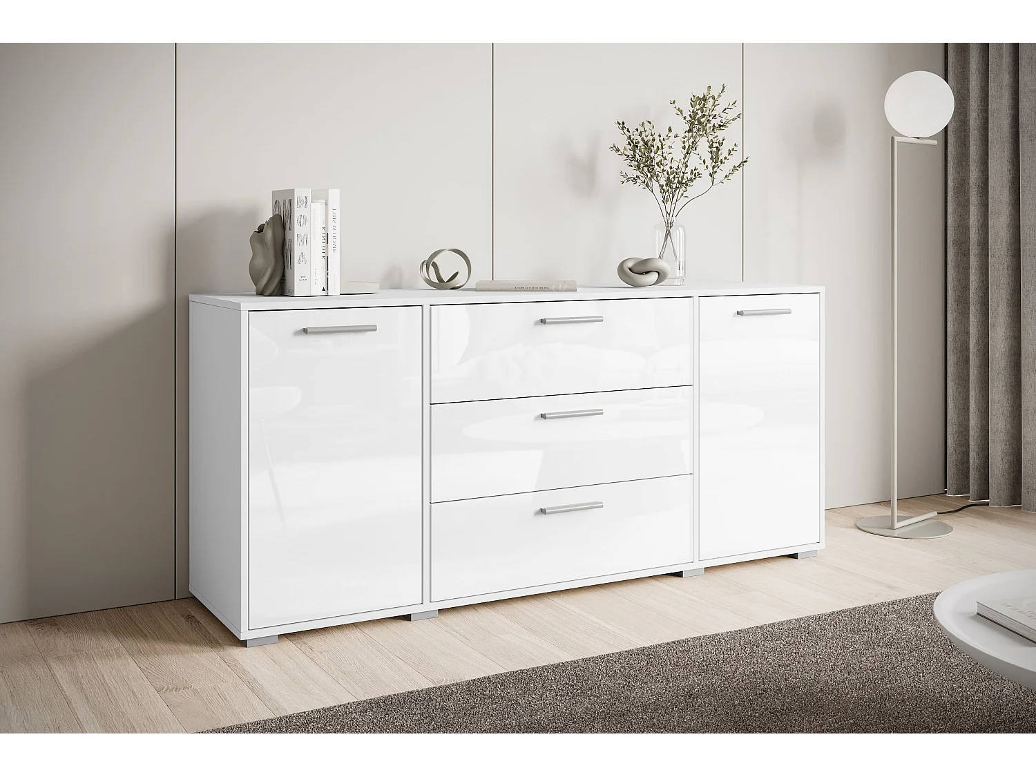 Moderne dressoir 150 cm voor de woonkamer – 3 lades en 2 deuren, corpus wit mat, fronten wit hoogglans