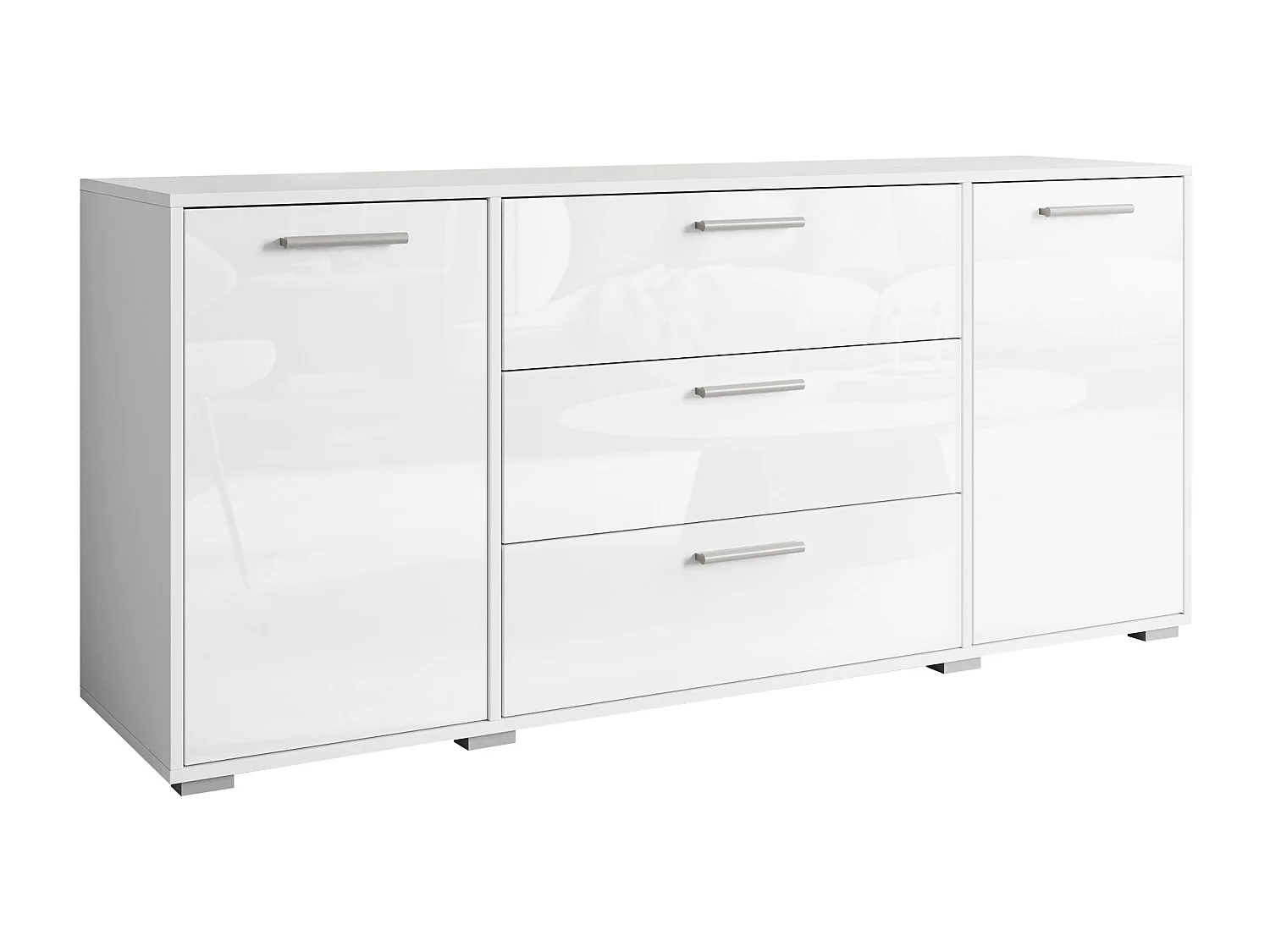 Moderne dressoir 150 cm voor de woonkamer – 3 lades en 2 deuren, corpus wit mat, fronten wit hoogglans