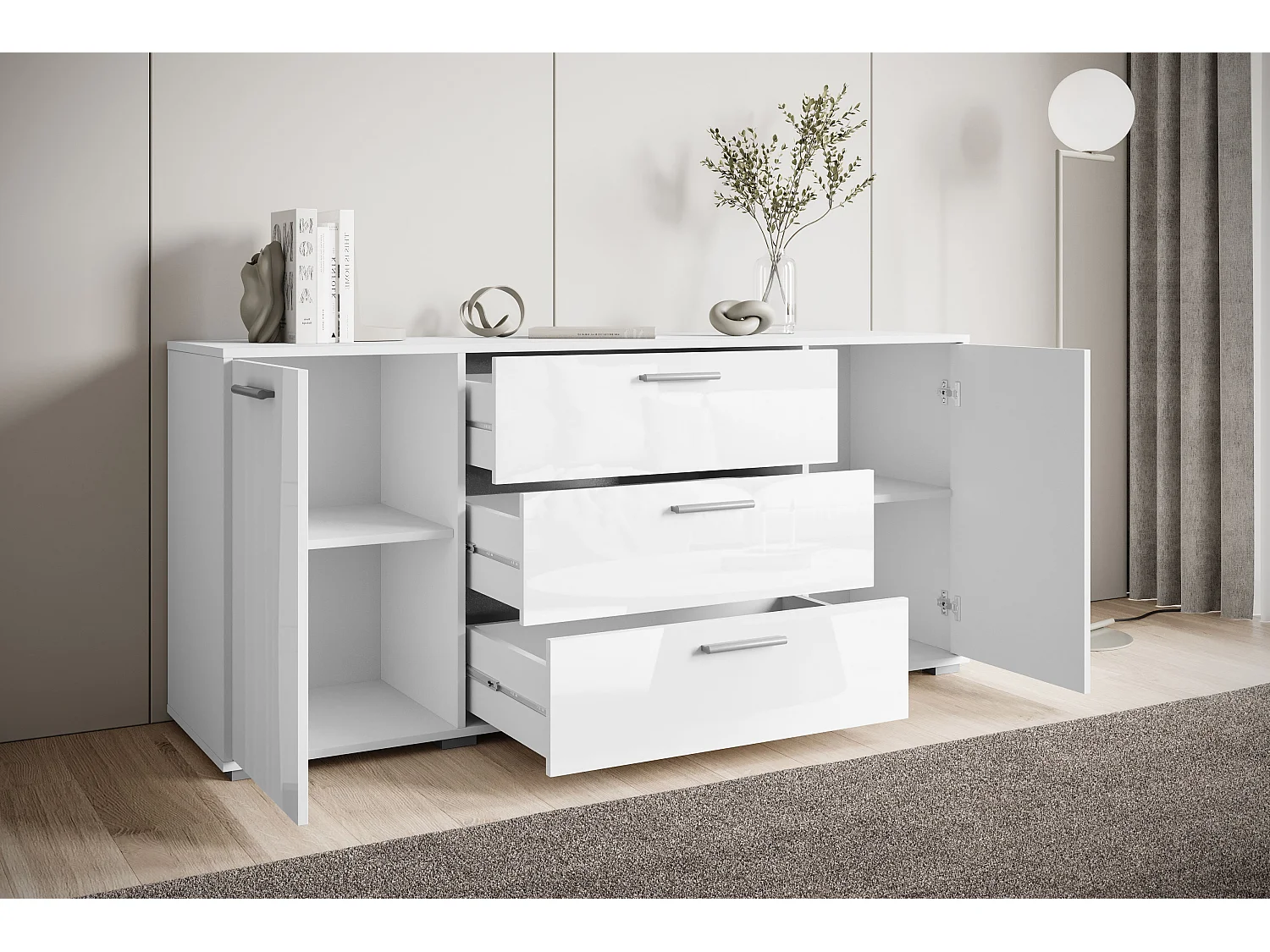Moderne dressoir 150 cm voor de woonkamer – 3 lades en 2 deuren, corpus wit mat, fronten wit hoogglans
