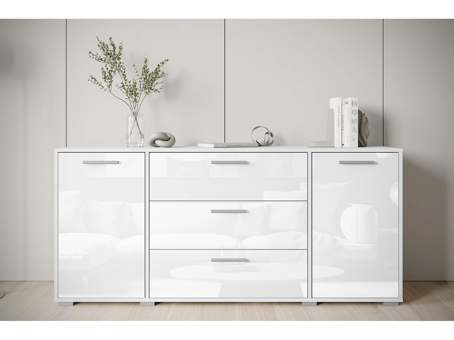 Moderne dressoir 150 cm voor de woonkamer – 3 lades en 2 deuren, corpus wit mat, fronten wit hoogglans