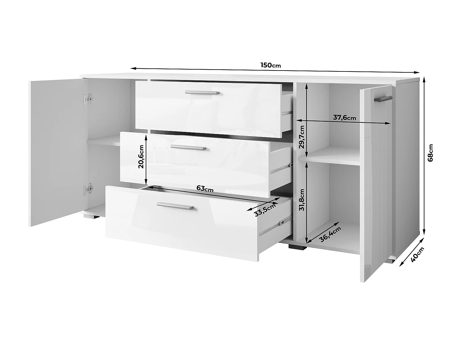 Moderne dressoir 150 cm voor de woonkamer – 3 lades en 2 deuren, corpus wit mat, fronten wit hoogglans