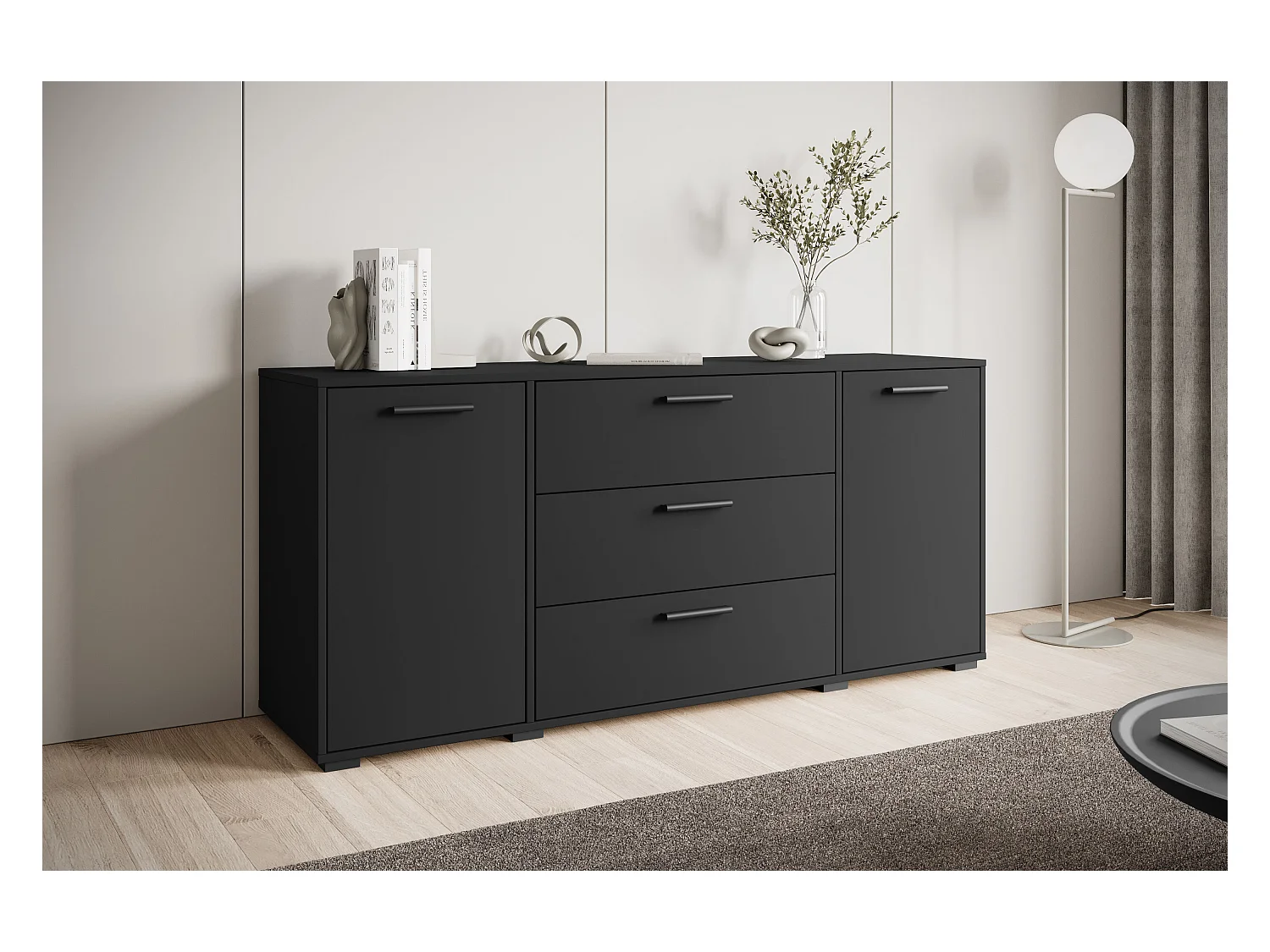 Cómoda espaciosa 150 cm cajones, armario negro grafito