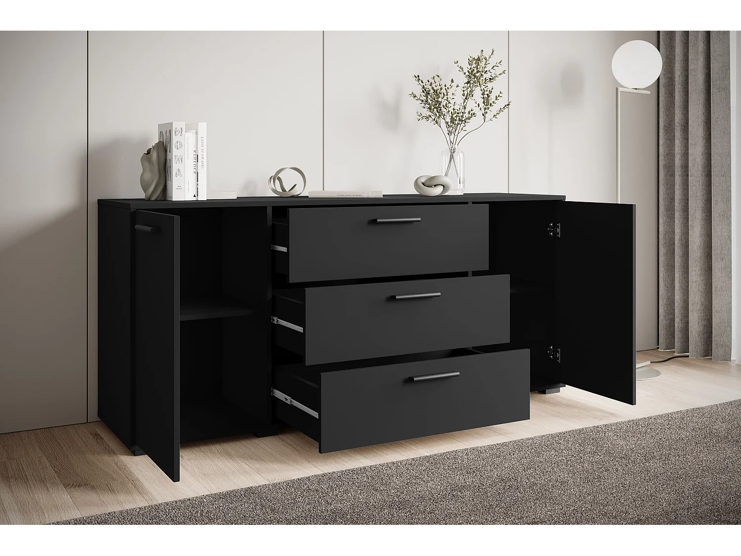 Cómoda espaciosa 150 cm cajones, armario negro grafito