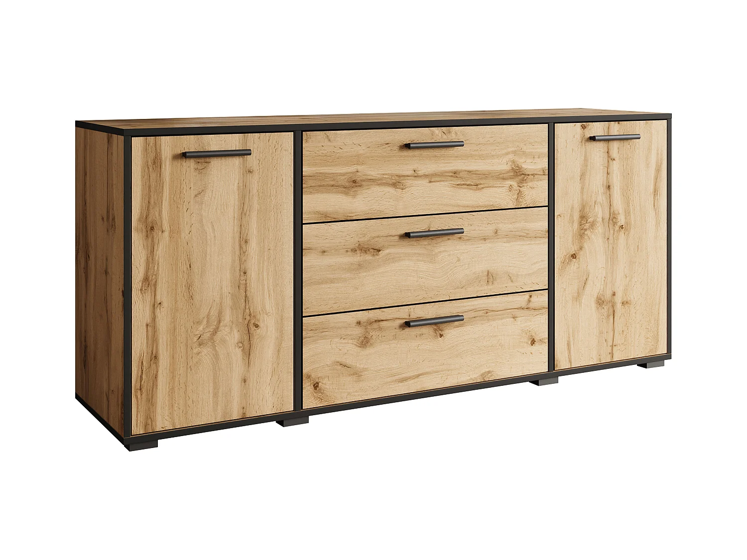Moderne dressoir 150 cm voor de woonkamer – 3 lades en 2 deuren, kleur wotan eiken met rand zwart grafiet