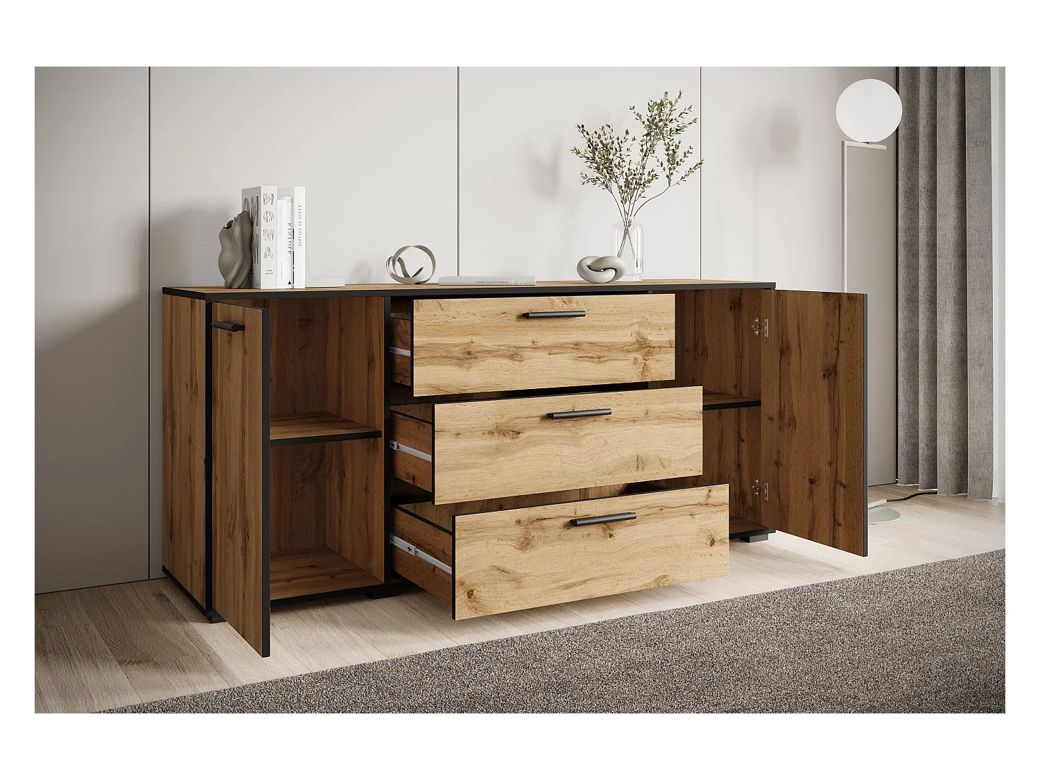 Moderne dressoir 150 cm voor de woonkamer – 3 lades en 2 deuren, kleur wotan eiken met rand zwart grafiet