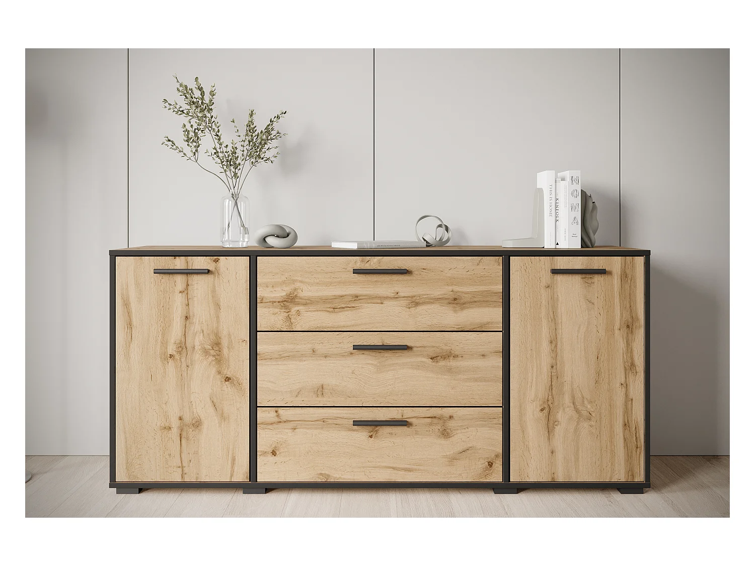 Moderne dressoir 150 cm voor de woonkamer – 3 lades en 2 deuren, kleur wotan eiken met rand zwart grafiet
