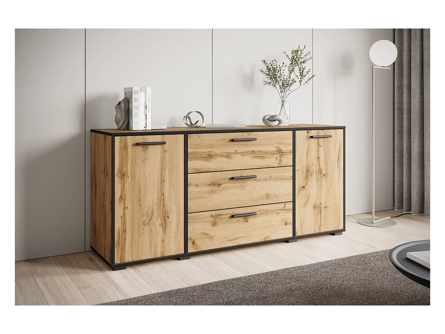 Buffet moderne 150 cm pour salon – 3 tiroirs et 2 portes, couleur chêne wotan avec bord graphite noir