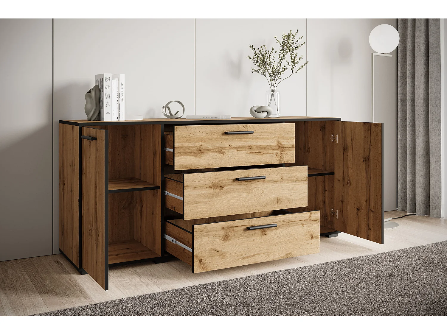 Aparador moderno 150 cm para salón – 3 cajones y 2 puertas, color roble wotan con borde grafito negro