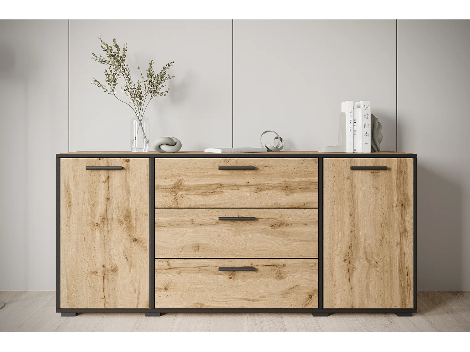 Aparador moderno 150 cm para salón – 3 cajones y 2 puertas, color roble wotan con borde grafito negro