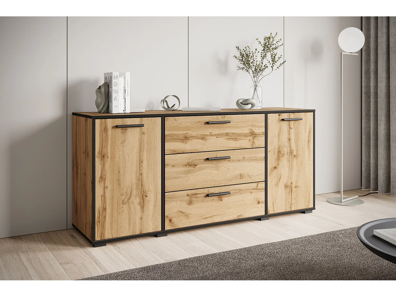 Nowoczesna komoda 150 cm do salonu – 3 szuflady i 2 szafki, kolor wotan z krawędzią czarny grafit