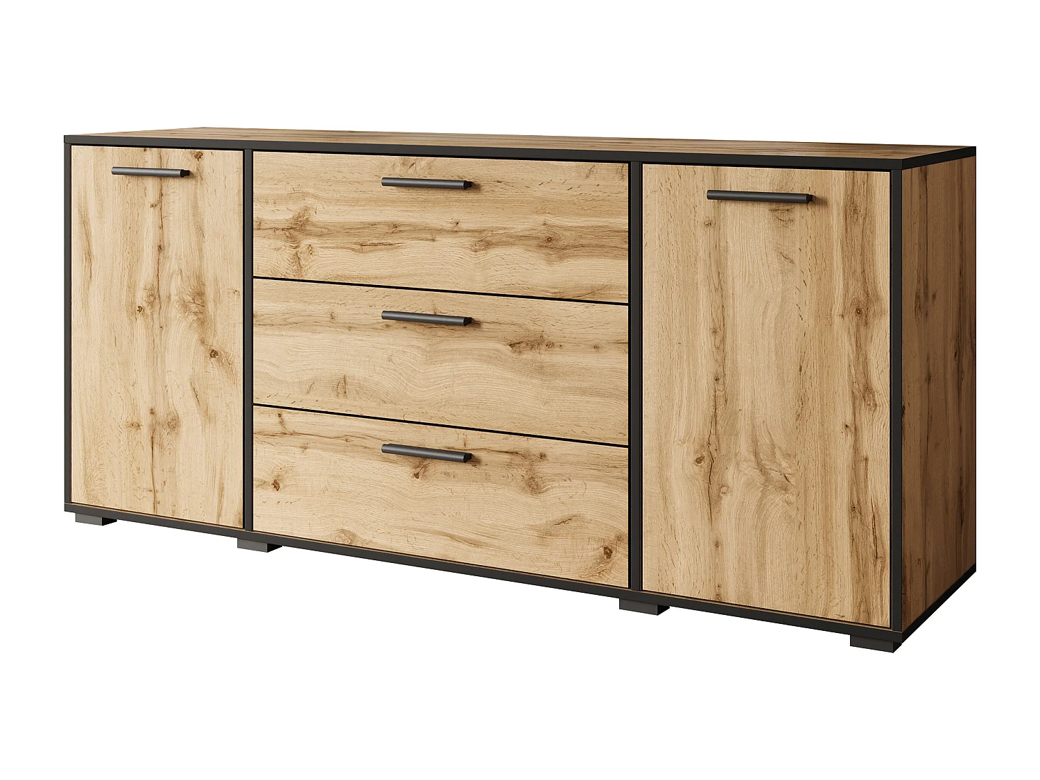 Buffet moderne 150 cm pour salon – 3 tiroirs et 2 portes, couleur chêne wotan avec bord graphite noir