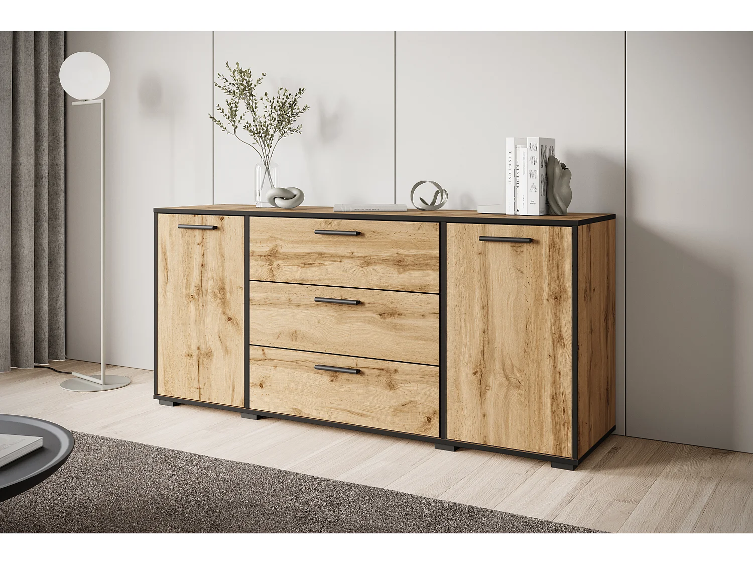 Buffet moderne 150 cm pour salon – 3 tiroirs et 2 portes, couleur chêne wotan avec bord graphite noir