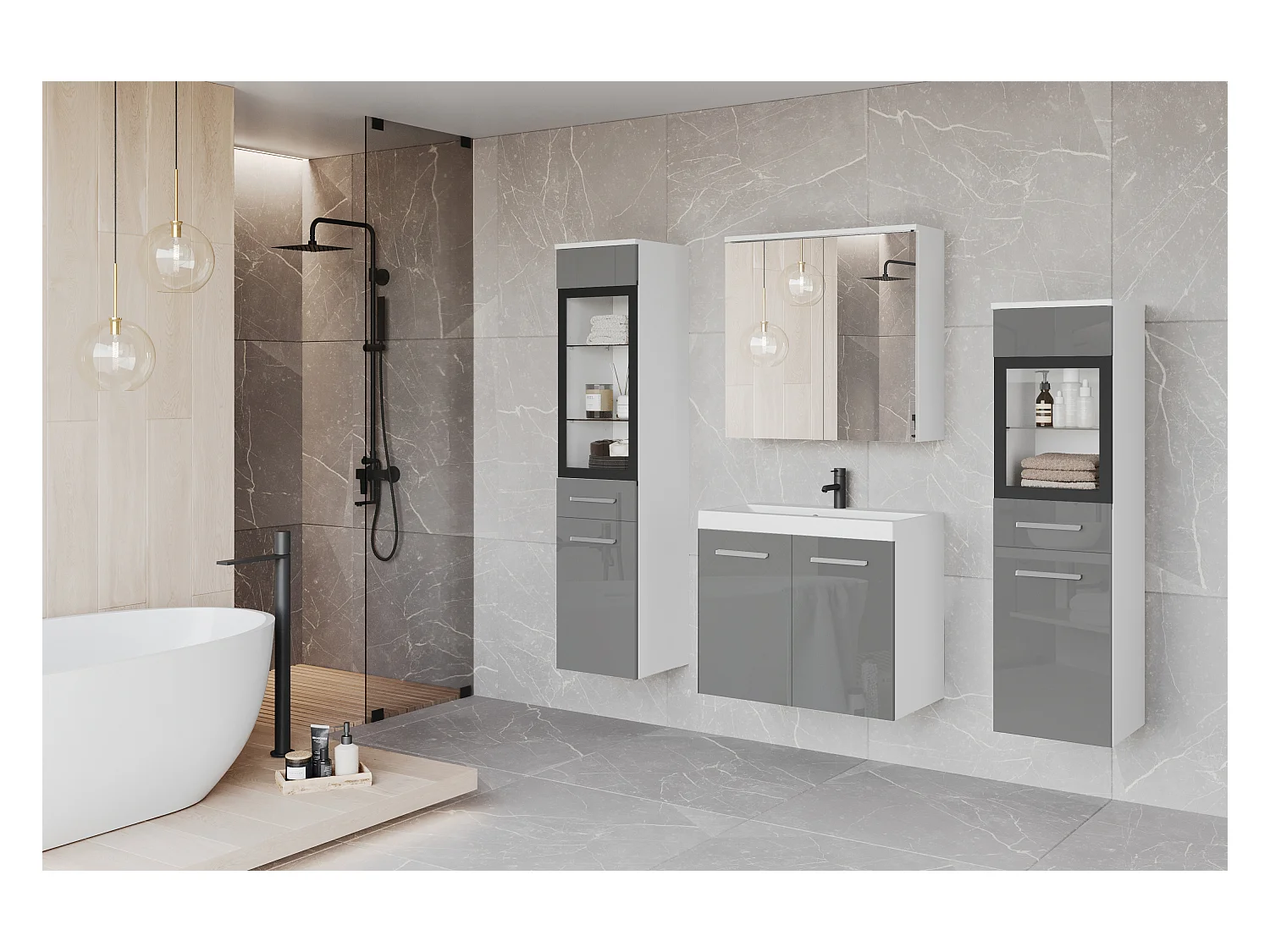 Ensemble de salle de bain suspendu avec lavabo, 2 colonnes et armoire miroir, caisson blanc mat / façades gris brillant