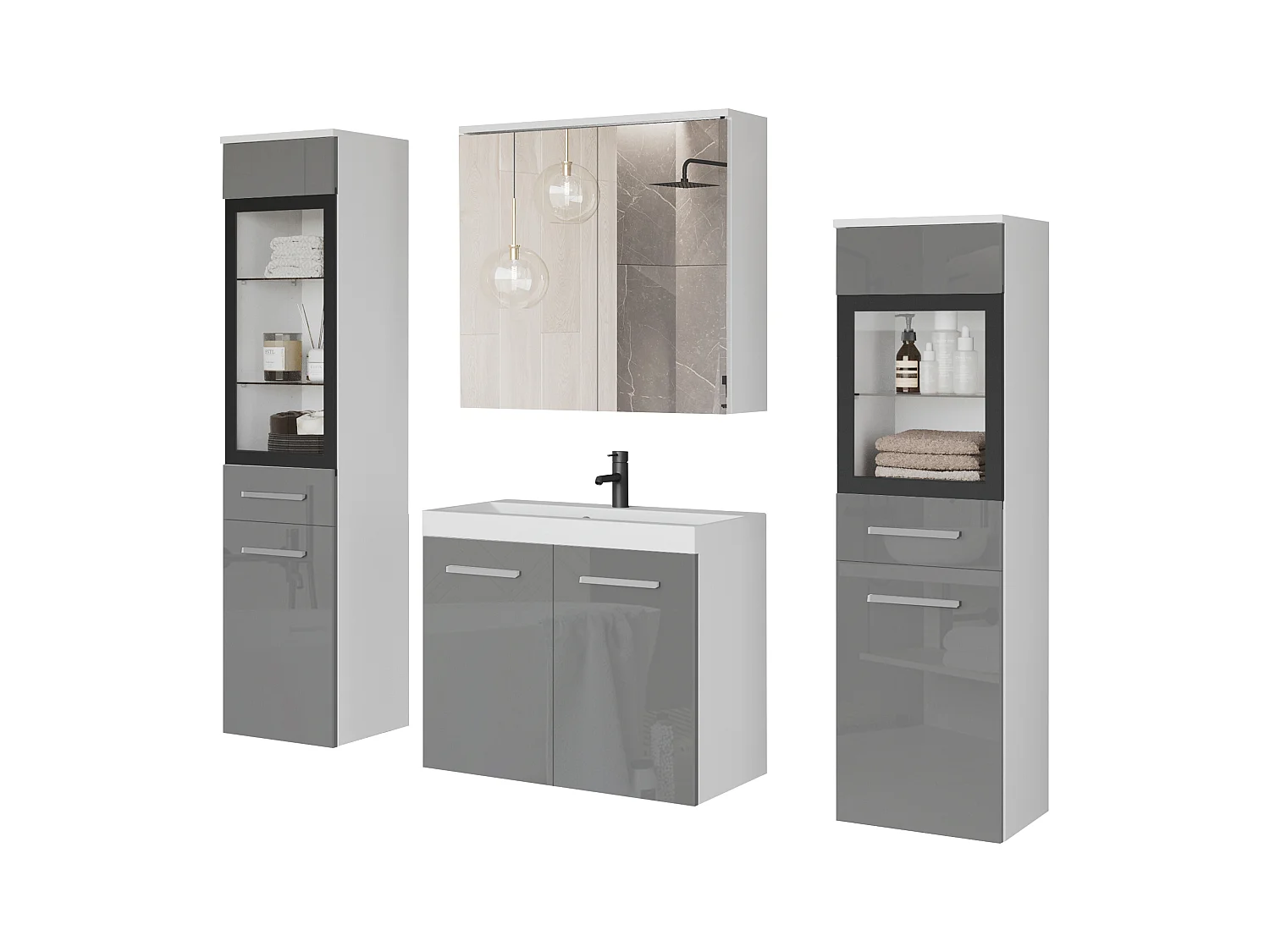 Ensemble de salle de bain suspendu avec lavabo, 2 colonnes et armoire miroir, caisson blanc mat / façades gris brillant