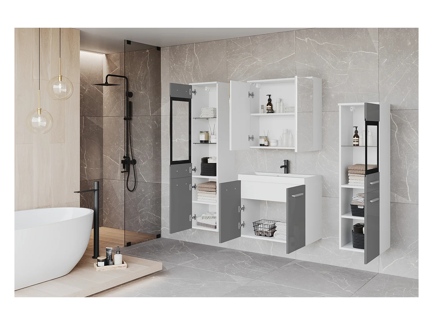 Ensemble de salle de bain suspendu avec lavabo, 2 colonnes et armoire miroir, caisson blanc mat / façades gris brillant