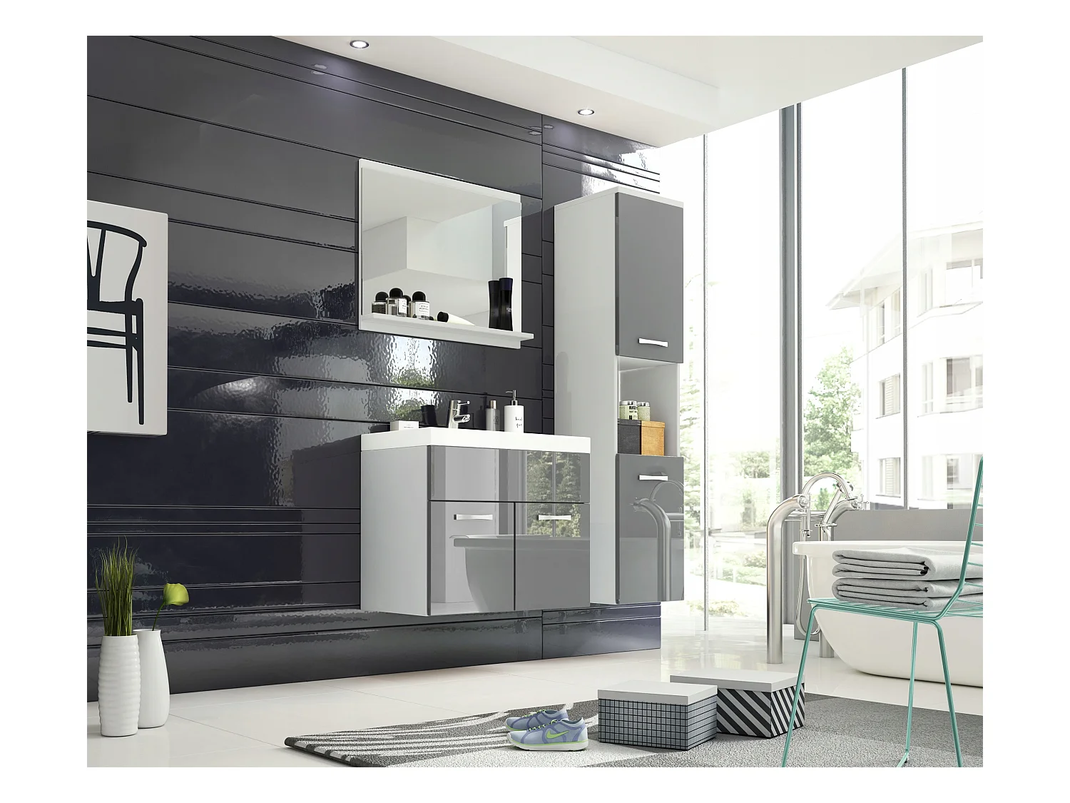 Ensemble de salle de bain suspendu avec lavabo, miroir et colonne, caisson blanc façades gris brillant