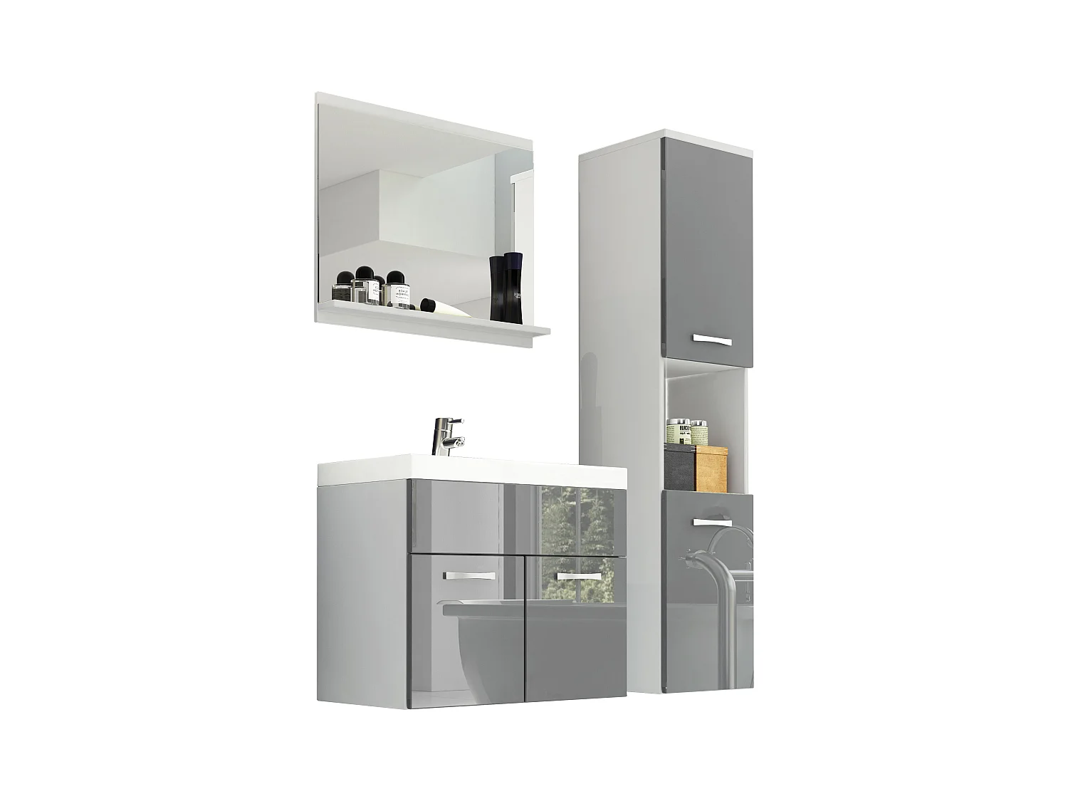 Ensemble de salle de bain suspendu avec lavabo, miroir et colonne, caisson blanc façades gris brillant