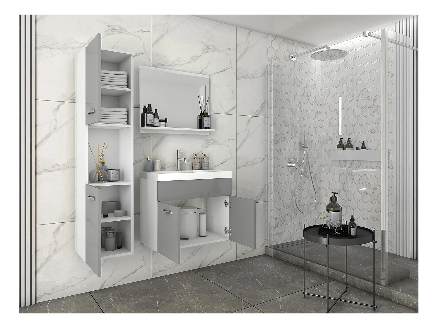 Ensemble de salle de bain suspendu avec lavabo, miroir et colonne, caisson blanc façades gris brillant