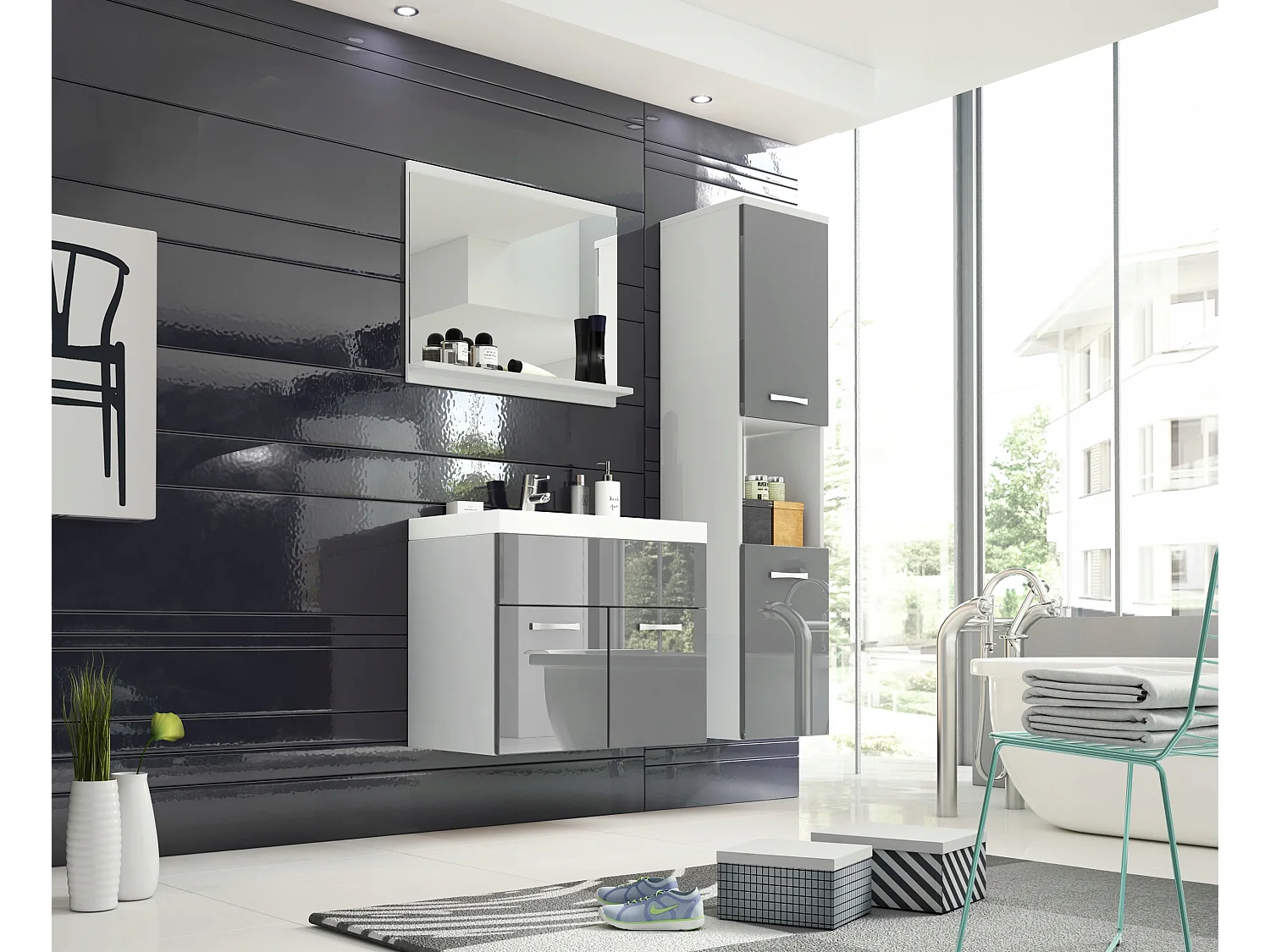 Ensemble de salle de bain suspendu avec lavabo, miroir et colonne, caisson blanc façades gris brillant