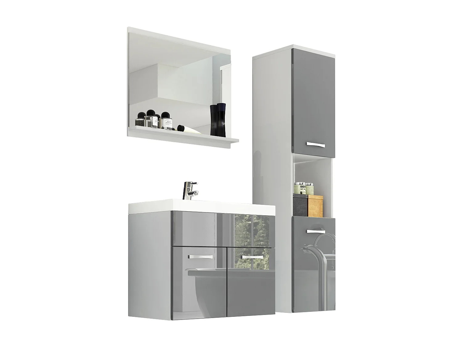 Ensemble de salle de bain suspendu avec lavabo, miroir et colonne, caisson blanc façades gris brillant